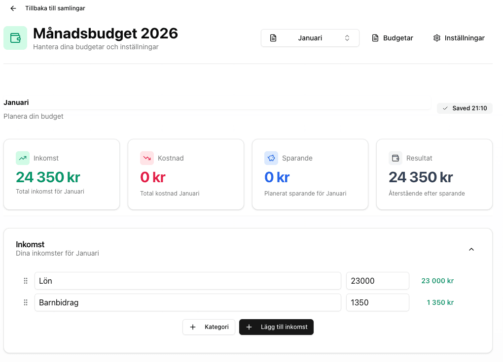 Skärmdump av budgetvyn där inkomster fylls i för januari.