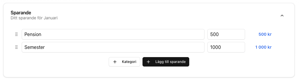 Skärmdump av sparandesektionen där månatligt sparande registreras.