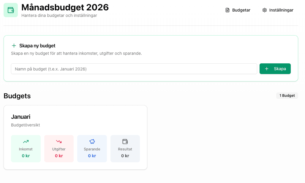 Skärmdump där en ny budget skapas i samlingen Månadbudget 2026.