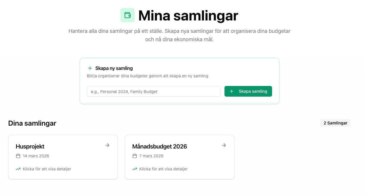 Skärmdump av Mina samlingar med formulär för ny samling och kort för befintliga samlingar.