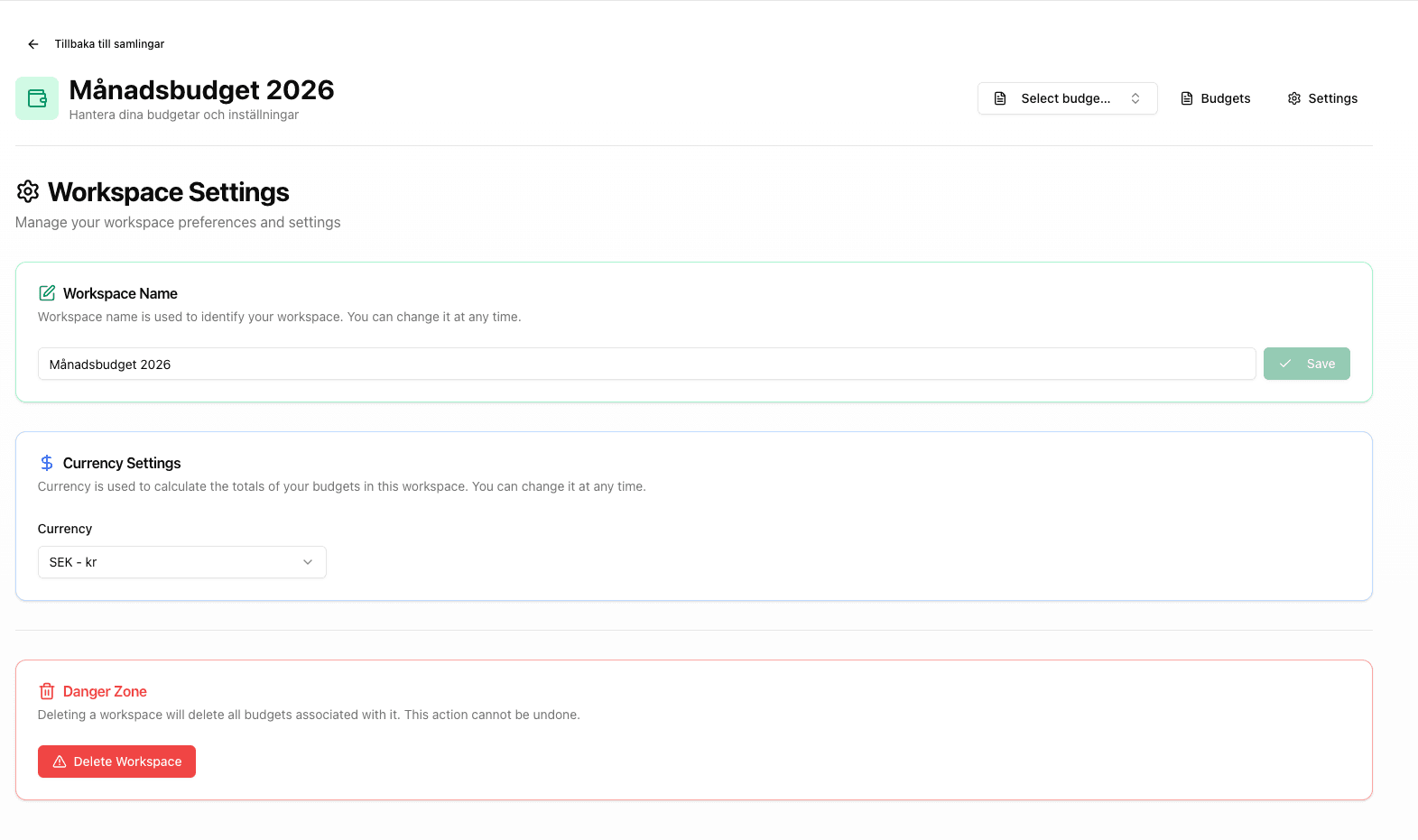Skärmdump av workspace settings där namn, valuta och övriga inställningar hanteras.